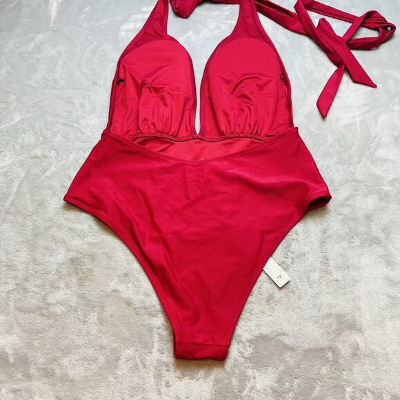Cupshe Plunge Halter One Piece Swimsuit Womens XL Red Padded Bra Hi Cut NWT - Picture 2 of 6